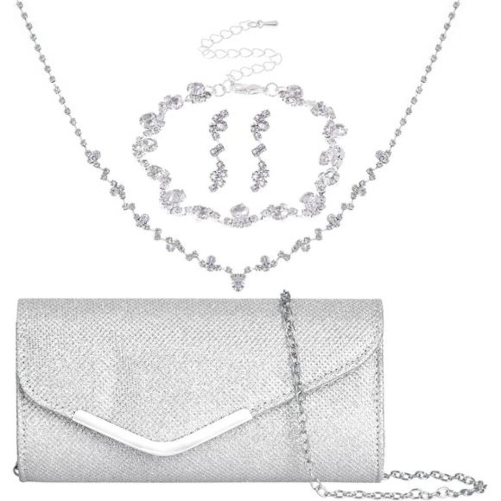 4 Pieces Silver Jewelry Set with Clutch Women Evening Rhinestone Jewelry Bling